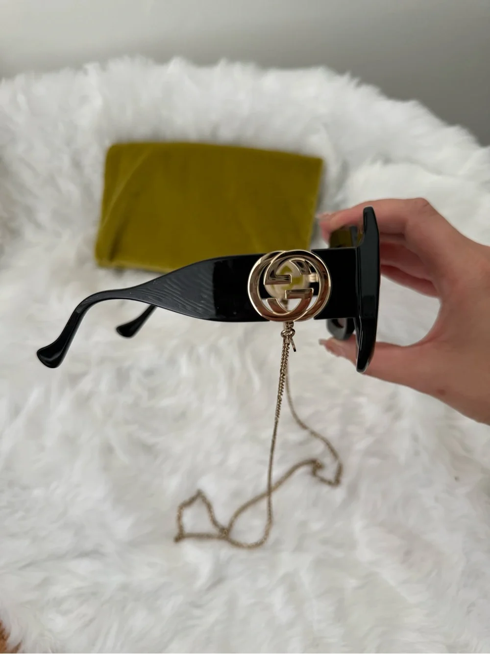 Gucci Black Square Sunglasses with Gold Chain and Brown Lenses